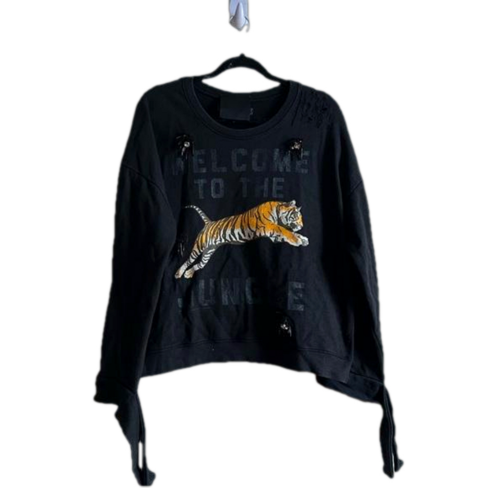 Tiger In The Rain Black Graphic Bedazzled Crewneck Sweater